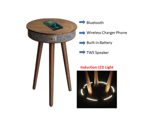 Wooden Side Table Speaker Phone Wireless Charger Induction LED Light
