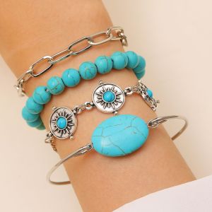 COVIEEZB Ngọc trai Bộ vòng tay ngọc lam Hạt cườm Phong cách dân tộc Vòng tay phong cách Bohemian Trang sức đeo tay Nước phương Tây Vòng đeo tay nhiều lớp màu xanh ngọc lam Phụ nữ