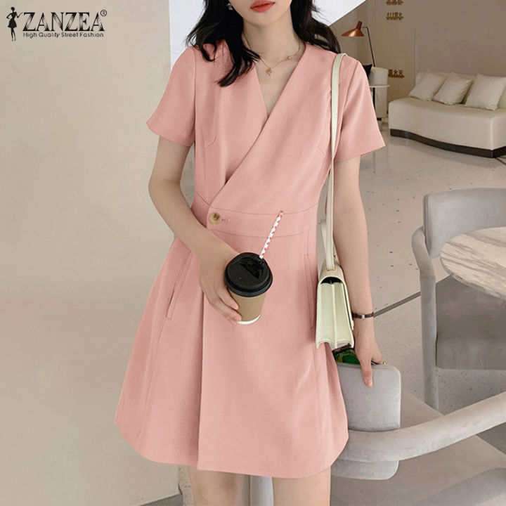 ZANZEA Korean Style Womens Elegant Button Up Lapel Dresses OL Work ...