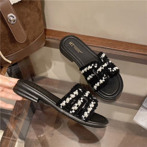 [Free Shipping] Pearl Slippers For Women 2026 Summer New Style Flat-Soled Fashionable Beach Sandals