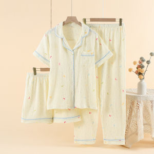 100% Class A pure cotton crepe womens pajamas spring summer and autumn lapel three-piece set loose and comfortable large-size loungewear