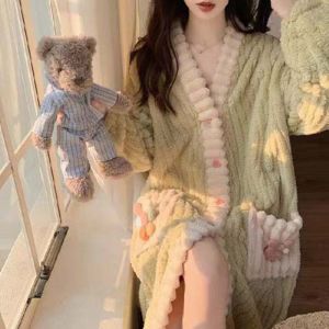 SWEET TIM Long Sleeve Homewear Cartoon Sleeping Robe Costumes Comfortable Coral Fleece Pajamas Adult Warm Pink Green Long Sleeves Sleepwear Autumn Winter