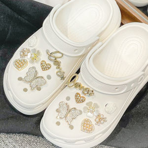 14Pcs Crocs Jibbitz Charms Gold Studded Diamond Heart Butterfly Shoe Buckle Detachable Shoe Decoration