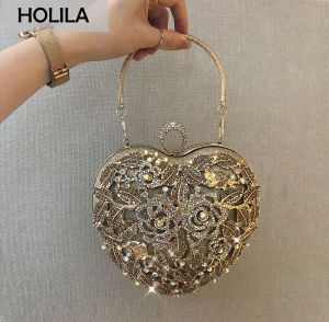HOLILA Shiny Woman Clutch Crystal Flower Top Ring Handbag Chian Sling Bag Heart-shaped Design Evening Bag Wedding Party Bride Top-handle Bag Purse#19-149