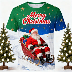 น่ารักผู้ชายและผู้หญิงออกแบบเสื้อยืดคริสมาสต์พิมพ์ซานตาคลอสและต้นคริสต์มาสสีแดงสดใสและสีเขียว