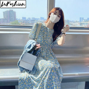 Korean Style Dress Women Summer Puff Sleeve Floral Long Dress