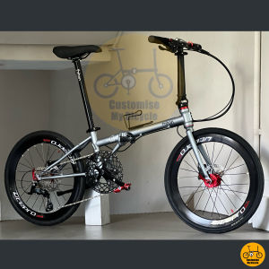 Fnhon Gale 22" Battleship Grey Red Accents Folding Bike • Shimano 9s • Litepro Aero Wheels • Hydraulic Disc Brake • MRT Bus-Friendly