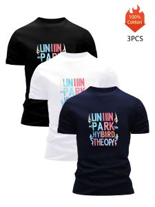 Printed T-Shirt 3 Pack Mens 100% Cotton Graphic Tees Funny Summer Blouse Casual Breathable Cool Luxury High Quality Clothing