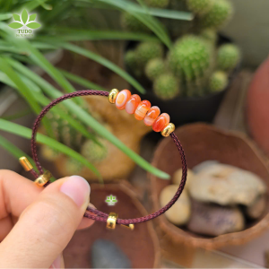 Q2535 Vòng ngũ điếu Ngọc Agate Vân Cam size 8li dây cáp 2 mẫu: Dây đỏ & Dây nâu hợp Hỏa & Thổ - Phong Thủy TUDO