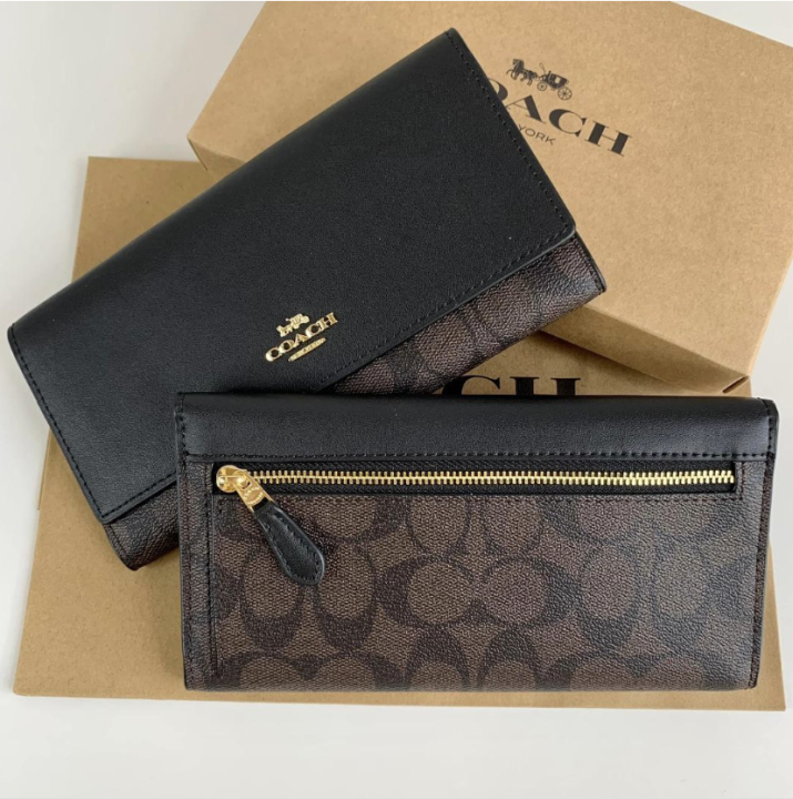 Coach Trifold Slim Wallet In Signature Canvas Brown/Black Lazada PH