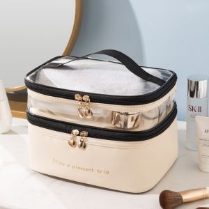 Double Layer Cosmetic Bag Travel Makeup Bag Multipurpose Pouch Transparent Organizer Storage Toiletry Bag T09