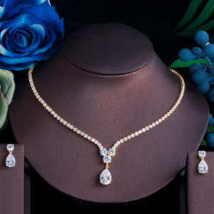 SEQUITO Temperament Ladies Jewelry Yellow Gold Plated Pave Setting Shinning AAA Cubic Zirconia Waterdrop Earrings Necklace Set for Wedding SJ394