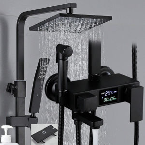 QUITE Hot Cold Shower System Bathroom 4 Gear Thermostatic Shower Set Wall Mount SPA Rainfall LED Bath Faucet Square Head Modern