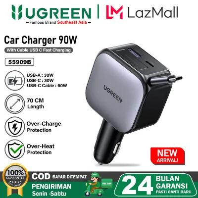 UGREEN Car Charger Mobil Built in Cable Type C Retractable Fast Charging