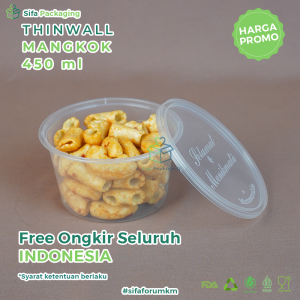 Thinwall Mangkok Bulat Datar Round + Tutup 450ml tempat Makanan Wadah Plastik Baso Mie Bubur isi 25 pcs