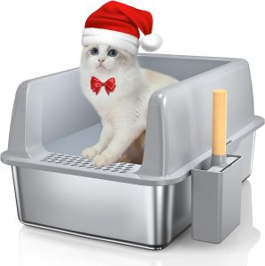 Stainless Steel Litter Box with Lid XL Extra Large Cat Litter Box Enclosure for Big Cats with High Sides and Scoop Easy Clean Metal Litter Pan Non-Stick Cat Toilet Anti-Leakage No Smell