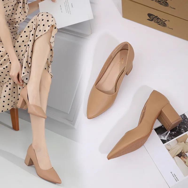 JY] Inch Fashion Pointed Toe Closed Toe leather Block Heel shoes