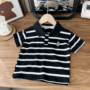 Rolanko Kids Boys Striped Polo Collar Cotton T-Shirt Children Black White Bear Cute Baby Summer Casual Shortsleeve