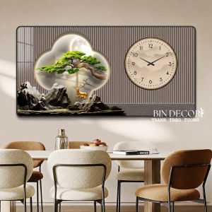 Tranh đồng hồ treo tường cây tùng và hươu vàng tài lộc phòng khách TT48