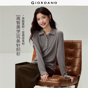 Giordano Women Long sleeve slim rib knit polo shirt Free Shipping 05316782