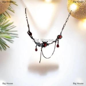 [COD] Big House สร้อยคอจี้คริสตัลสีแดง Goth HIPHOP สำหรับผู้หญิง chokers โซ่สีดำหยดน้ำพู่โซ่ห้อยคอสองชั้นของขวัญเครื่องประดับ