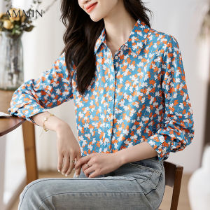 AMMIN 2024เสื้อเชิ้ตลำลองผู้หญิงเสื้อเชิ้ตสีแขนยาวปกสไตล์เกาหลีทรงหลวมเข้ากับ Atasan Sifon ลายดอกไม้
