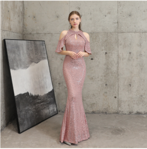 New banquet style elegant long short sleeve Sequin stage queen fish tail evening dress