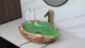 LDIES Torayvino Bathroom Sink Ceramic Vessel Basin Artist Leaf Style Washbasin Sinks w/ Waterfall Faucet Drain Porcelain Sink Bowl Set 4B2Z9