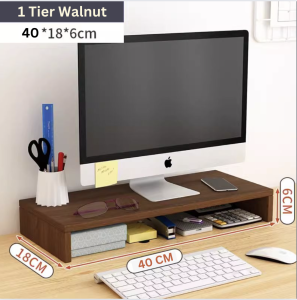 Wooden Monitor Riser Stand – Desktop Shelf with Storage | Ergonomic Screen Raiser for Home Office Desk