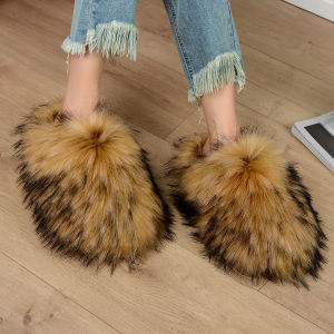 Luxury Designer Plush Fur Slippers Faux Raccon Fur Slipper Flip-Flop For Women Couple Furry Winter Muller Fashion Casual Shoes