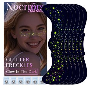 6pcs Rainbow Freckles Face Tattoo Sticker Glow under UV Light Blacklight in the Dark Neon Fluorescent Glitter Colorful Star Fake Faux Freckle Temporary Patches Makeup for Party Supplies # 01