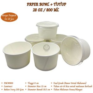 Paper Bowl ukuran 800 Ml Plus Tutup Mangkok Kertas (Isi 25 Pcs-PBLW800)