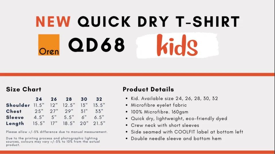 OREN SPORT QD68 160GSM 100% Microfiber Kids T-shirt Unisex Sport