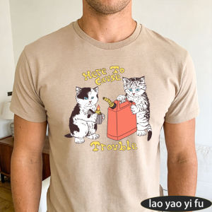 [Local Stock] HBESTY  Here To Cause Trouble Mischievous Cats Gas Can Lighter Men Summer Cotton T Shirt Funny Retro Kitten Daily Holiday Wear Top
