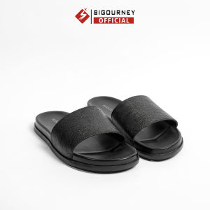 Dép Nam Quai Ngang Da Bò SIGOURNEY Màu Đen Có Khâu Đế Chắc Chắn DN-118 Bảo Hành 18 Tháng