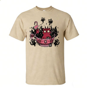 [Local Stock] HBESTY  Witchy Red Cat Cauldron Magic Potion Crystal Floral Men Summer Cotton T Shirt Gothic Cute Occult Short Sleeve Casual Top