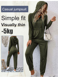 Hooded longsleeved casual sports jumpsuit workwear solid color zipper jumpsuit