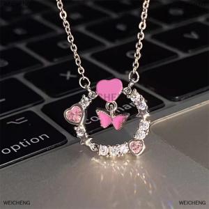 [COD] WEICHENG Light Luxury Shiny Zircon Butterfly Pink Heart Necklace For Women Exquisite Round Pendant Clavicle Chain Girl Party Jewelry Gift