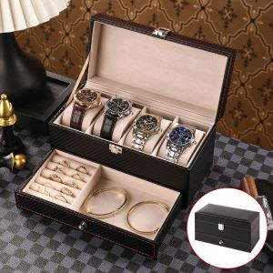 Double Layer Watch Box Organizer Leather Ear studs Rings Jewelry Storage