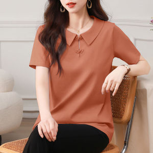 เสื้อยืดผู้หญิงคอเสื้อตุ๊กตาเข้ารูปสไตล์ใหม่ย้อนยุค2025ฤดูร้อนเสื้อสำหรับวัยกลางคนลำลองทรงหลวม