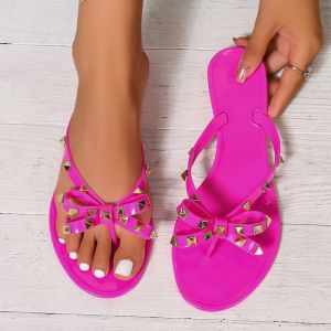 [Free Shipping] Summer Flip-Flops With Bow And Rivet Details Perfect For Beach Vacations WomenS Flat Sandals