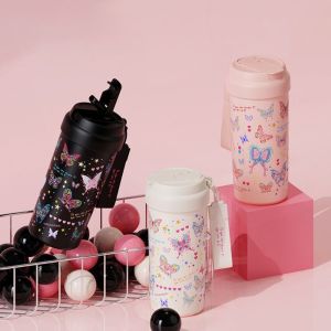 CREATIVE PAVILION Butterfly Flask Tumbler with Tea Strainer Stainless Steel Vacuum Insulateds Cup Kawaii 550ML Water Cup