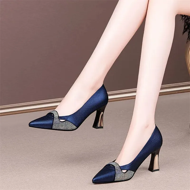 Women Classic Navy Blue Crystal Shining High Heel Shoes Lady Spring  Summer Comfort Stylish High Heels Women Pumps E357 QC7201422
