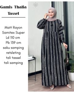 (COD) GAMIS THALIA TASSEL HITAM PUTIH BUNGA GARIS BATIK CAP