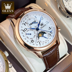 OLEVS Mechanical Watches for Men Fashion Seven-Hand Sun Moon Phase Orignal Waterproof Wristwatches with Gifts Box