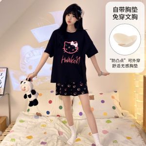 New Summer Ins Style Sweet Pijama Womens Simple Loose Short Sleeve Short Pajamas Student Girls Dormitory Sleepwear Set with Chest Pad