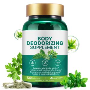 Thực phẩm bổ sung khử mùi cơ thể chứa Chlorophyll hỗ trợ sức khỏe đường ruột/hệ tiêu hóa viên nang khử mùi bên trong giúp mang lại cảm giác tươi mát toàn diện dùng cho vùng nách vùng kín công thức tự nhiên và an toàn. 120 Cái
