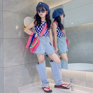 Bộ Đồ Áo Thun Không Tay Phối Quần Short Denim Thời Trang Hàn Quốc Dễ Thương Cho Bé Gái Từ 10 11 Tuổi 13 14-4 Tuổi 5 6 Tuổi 7 Tuổi 11 12 Tuổi