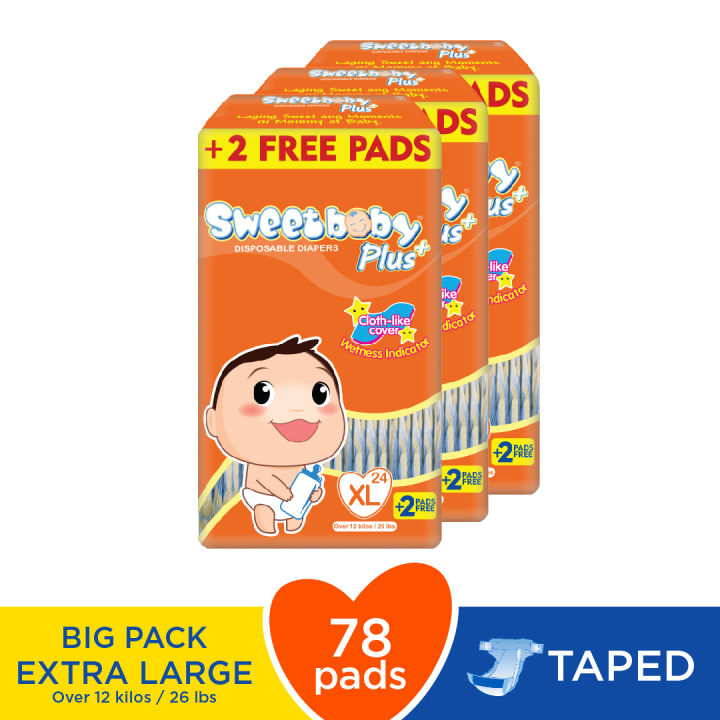 SWEETBABY PLUS BIG PACK XL 24+2 x PACKS 26 Pack Taped Diapers