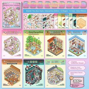 P64240 7 Different Scenarios 3D Sticker Book PET Die-cut Mini Scene Stickers Creative Exquisite Illustrations 3D House Landscape Sticker Book Scrapbooking DIY Craft